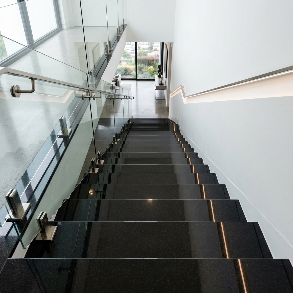 Escada luxuosa em granito preto absoluto